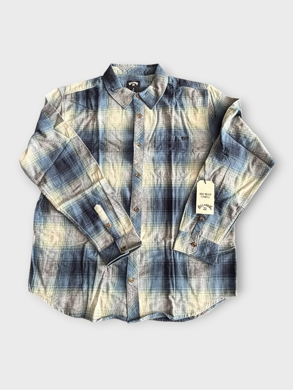 Billabong Men's Blue and Cream Washed Plaid Button-Down Shirt
